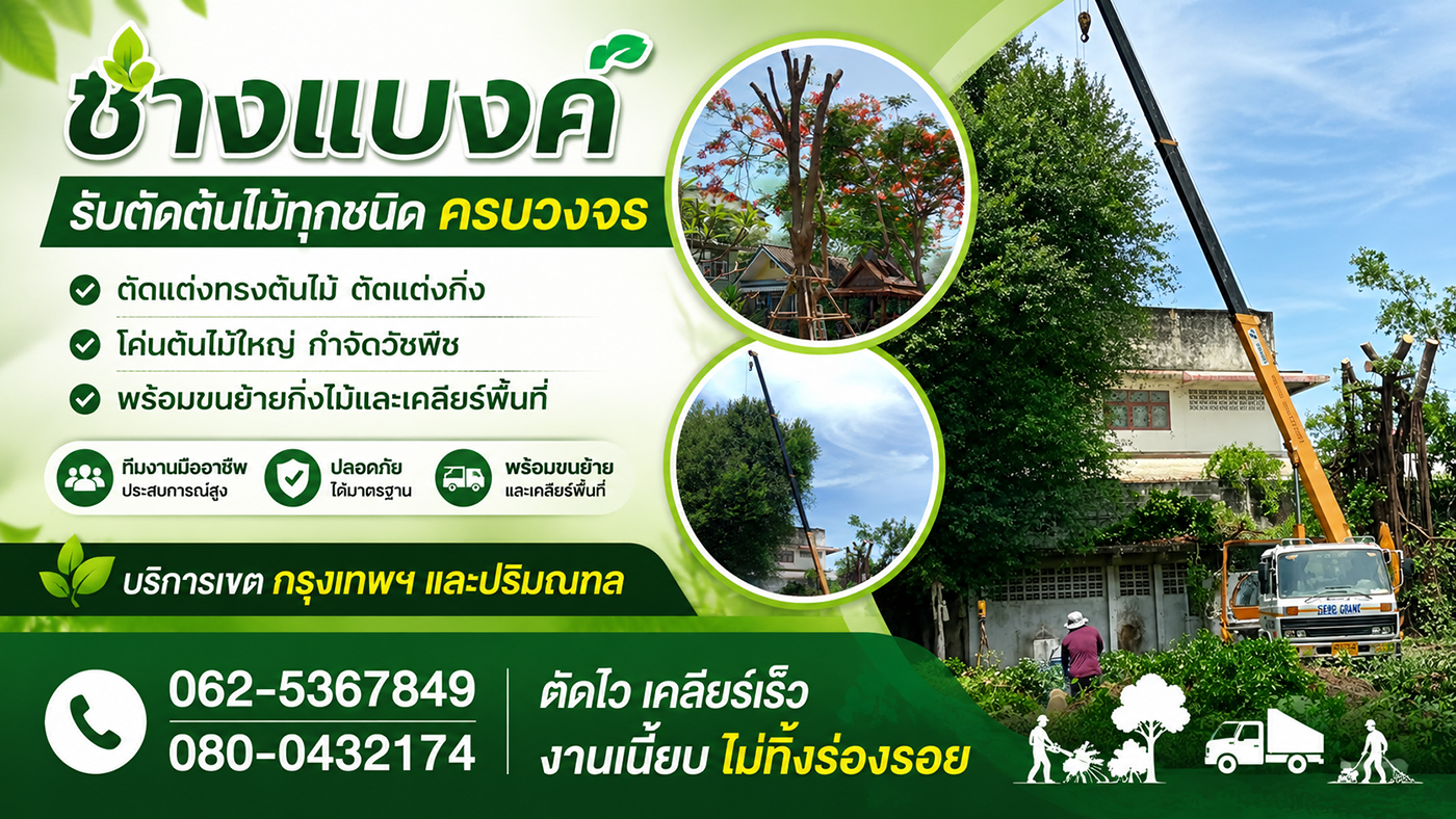 ช่างแบงค์ บริการรับตัดต้นไม้ทุกชนิด ตัดแต่งทรงพุ่ม โค่นต้นไม้ใหญ่ กำจัดวัชพืช ขนย้ายกิ่งไม้ และเคลียร์พื้นที่ โดยทีมงานมืออาชีพ บริการทั่วกรุงเทพและปริมณฑล