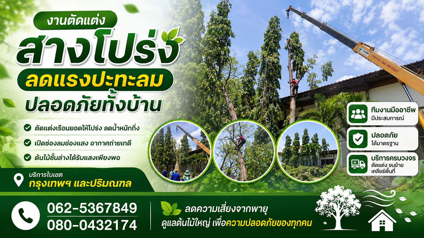 ช่างแบงค์ บริการรับตัดต้นไม้ทุกชนิด ตัดแต่งทรงพุ่ม โค่นต้นไม้ใหญ่ กำจัดวัชพืช ขนย้ายกิ่งไม้ และเคลียร์พื้นที่ โดยทีมงานมืออาชีพ บริการทั่วกรุงเทพและปริมณฑล